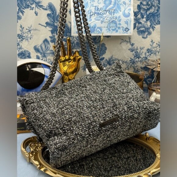 🆕 KURT GEIGER LONDON 🧿 NWOT Large Tweed Kensington Bag, Metallic Black & White - Picture 7 of 16